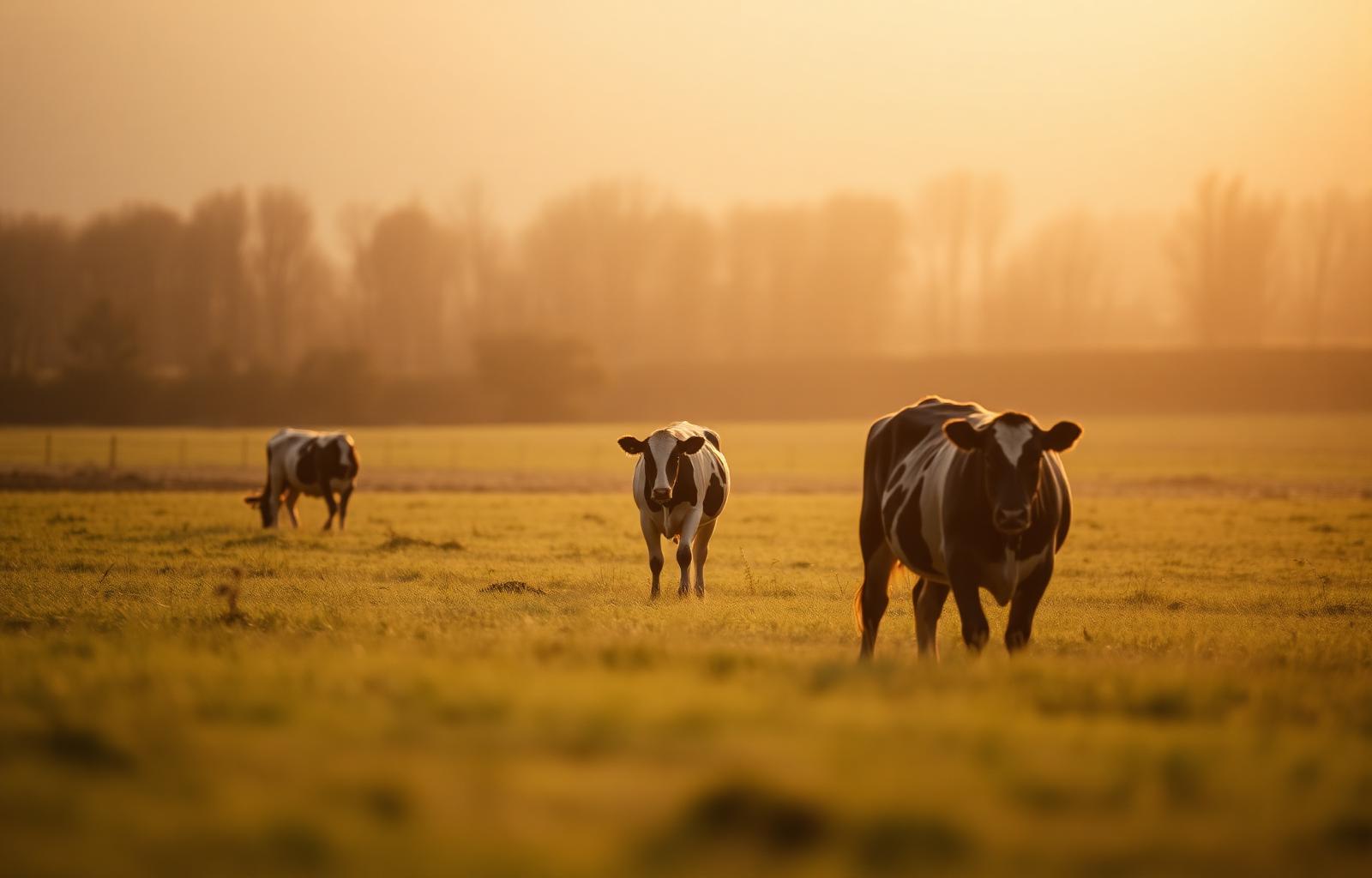 Dairy cows grazing at golden hour